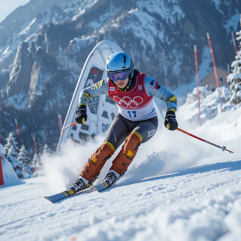 Alpine skier racing down a snowy Olympic mountain slope