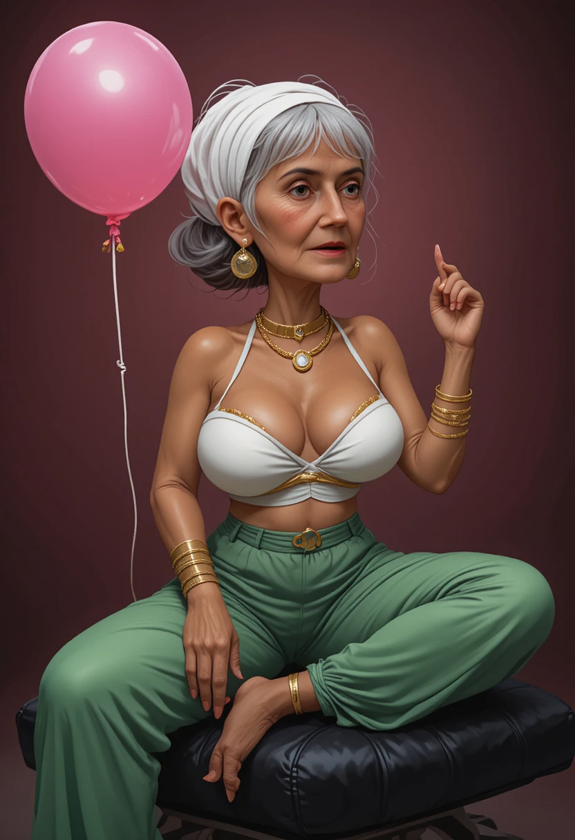 Curvy woman in white headscarf holding a pink balloon