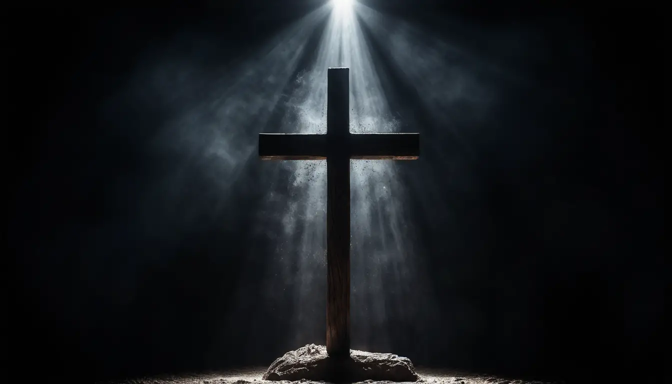Wooden cross silhouette lit by a single dramatic beam