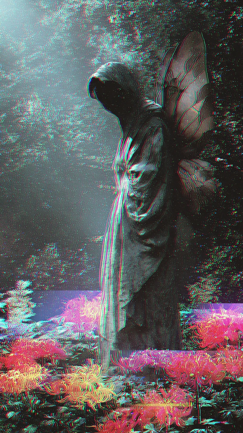 Figura de monstruo borrosa en un jardín nocturno neón vaporwave