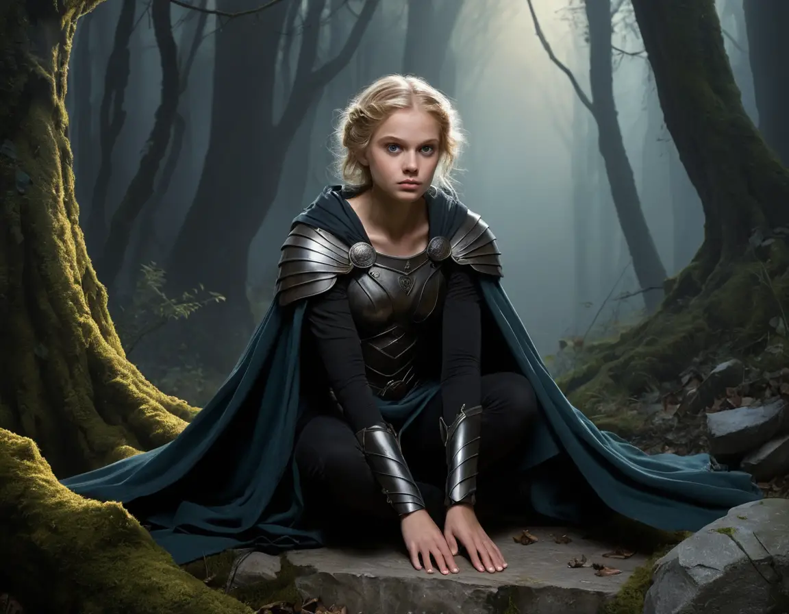 Dark fantasy warrior woman with spear and sword