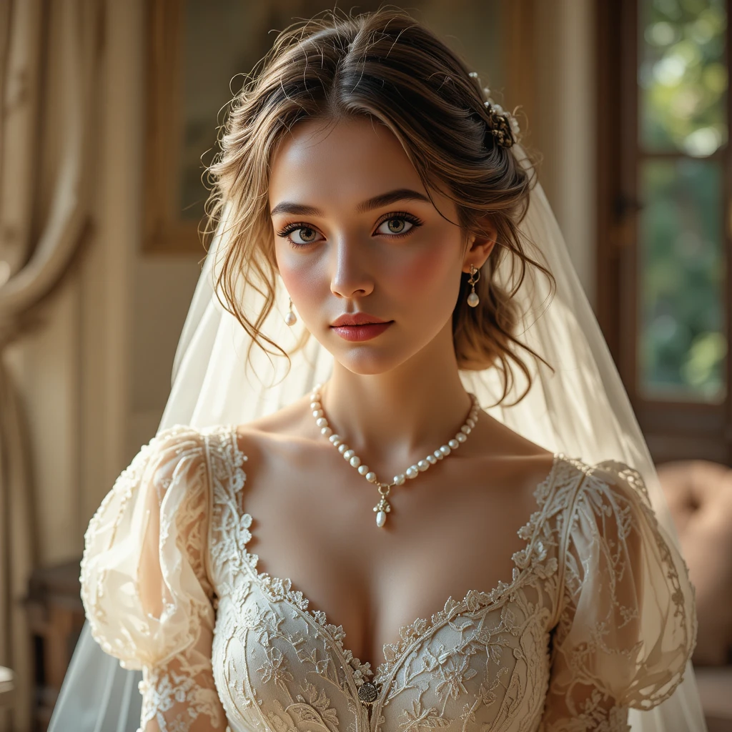 Romantic bridal portrait in vintage lace by a softly lit window