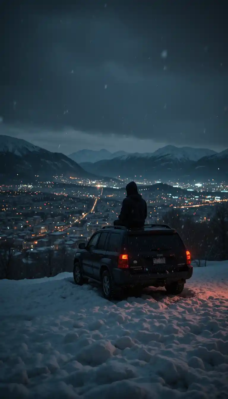 Figura solitaria sobre un SUV en una colina nevada frente a las luces de la ciudad