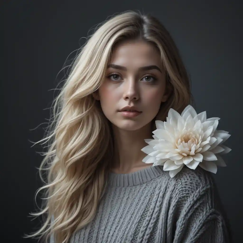 Blonde woman in knit sweater with floral shoulder detail