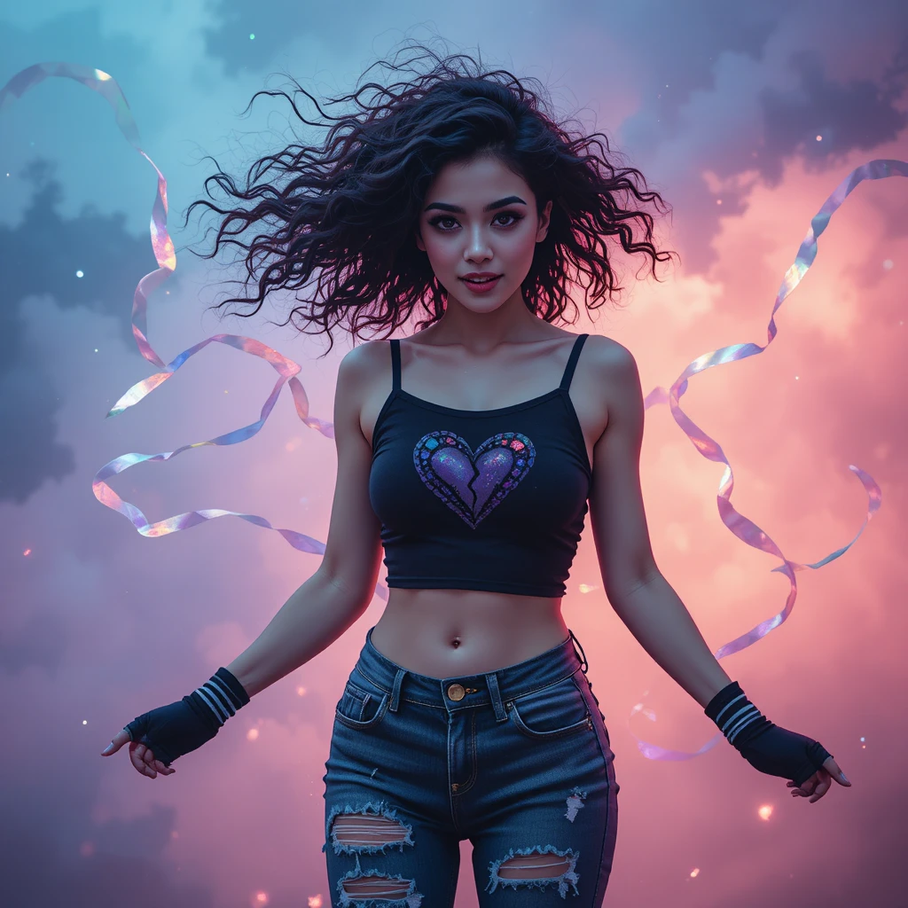 Emo girl dancing in fog with shimmering ribbon