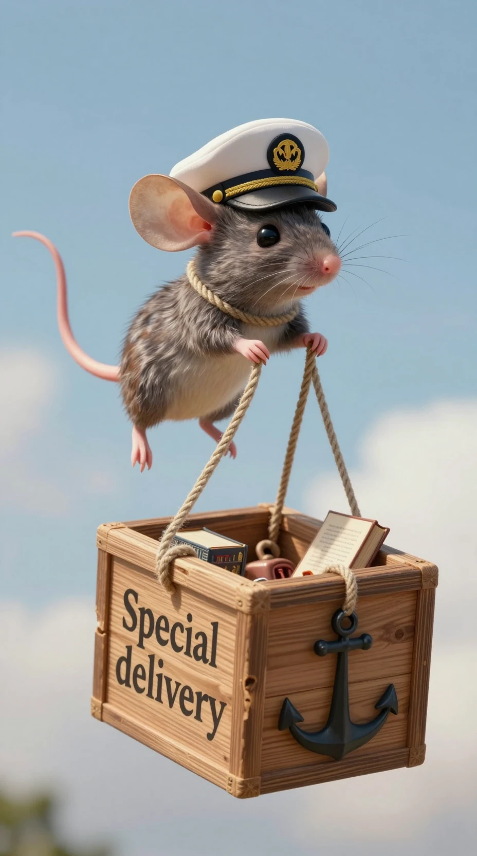 Rato voador fantasioso rebocando uma caixa de biblioteca de madeira