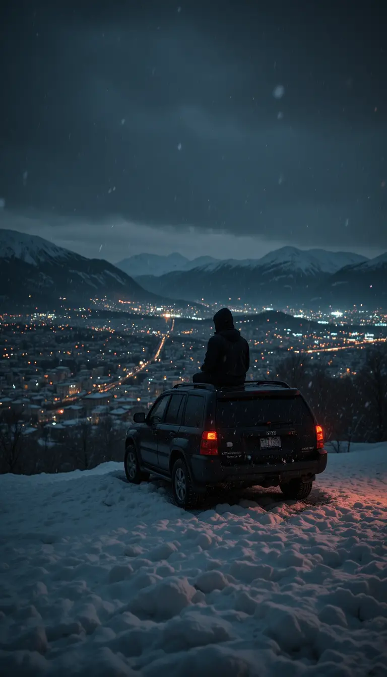 Lone figure on SUV above snowy hill facing city lights