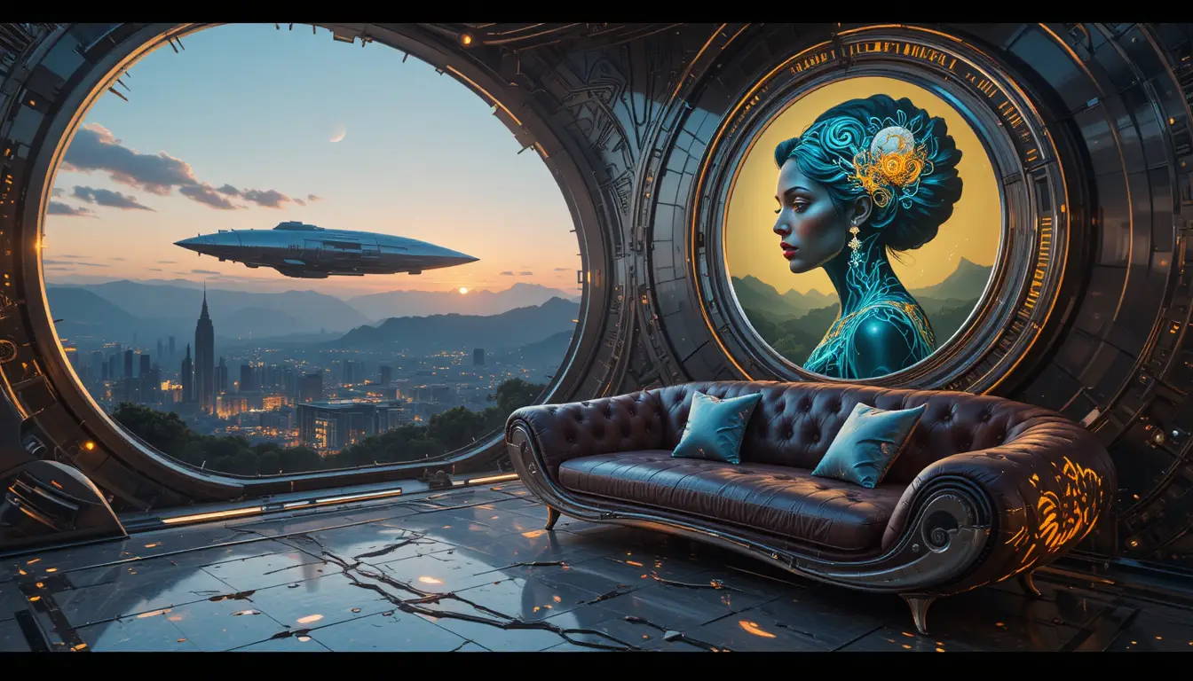 Futuristic baroque industrial room with metallic sofa