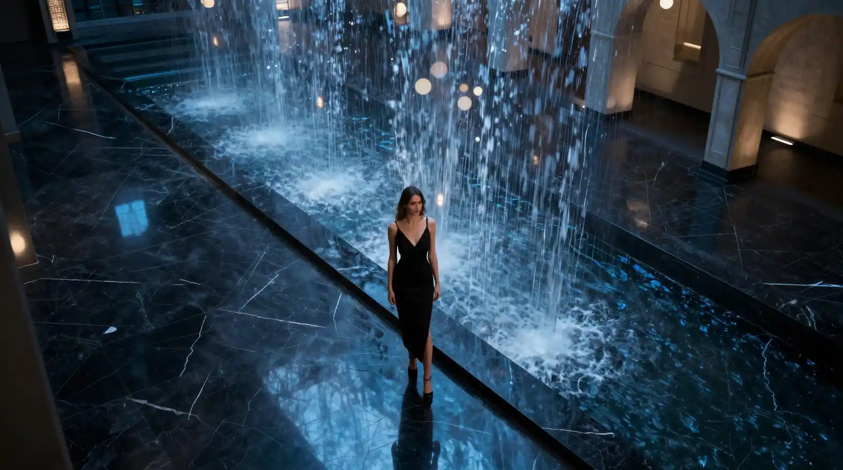 Young woman at edge of vast marble floor waterfall