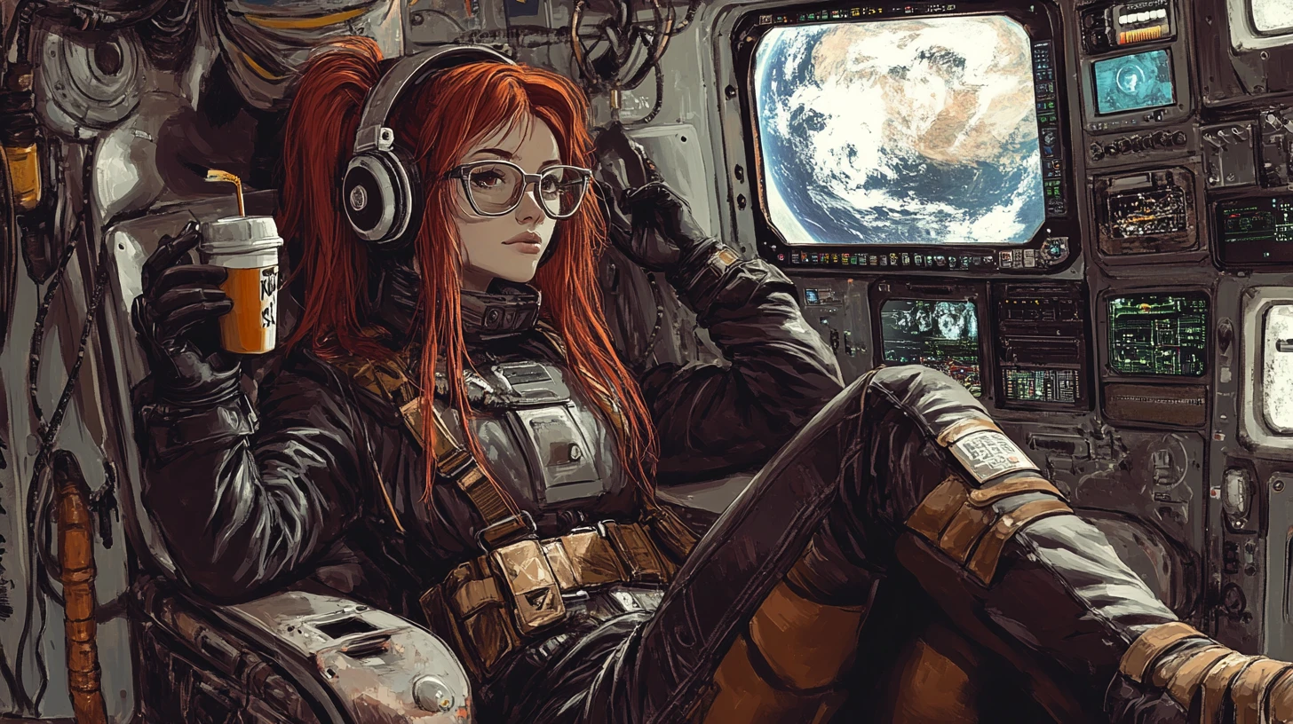 Athletic woman in leather suit aboard old rusty spaceship