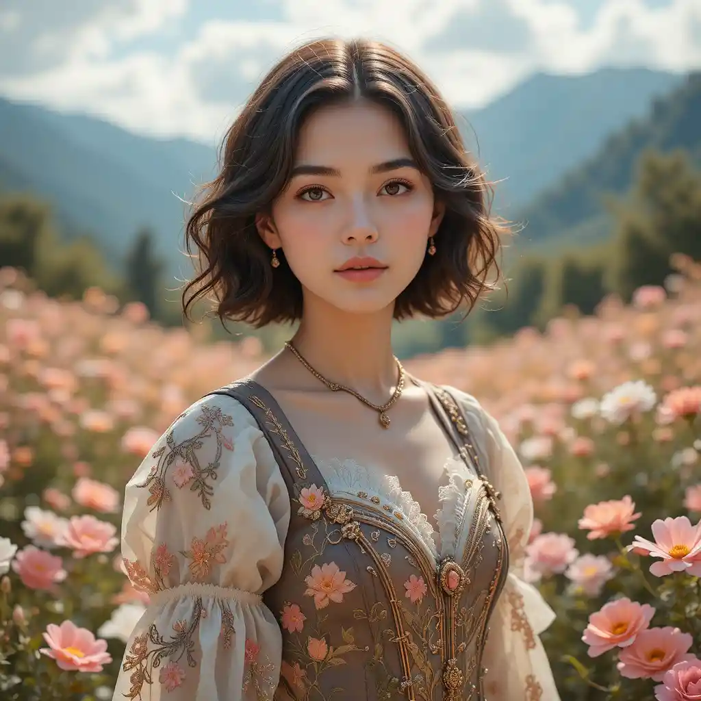Young woman in a floral fantasy garden landscape