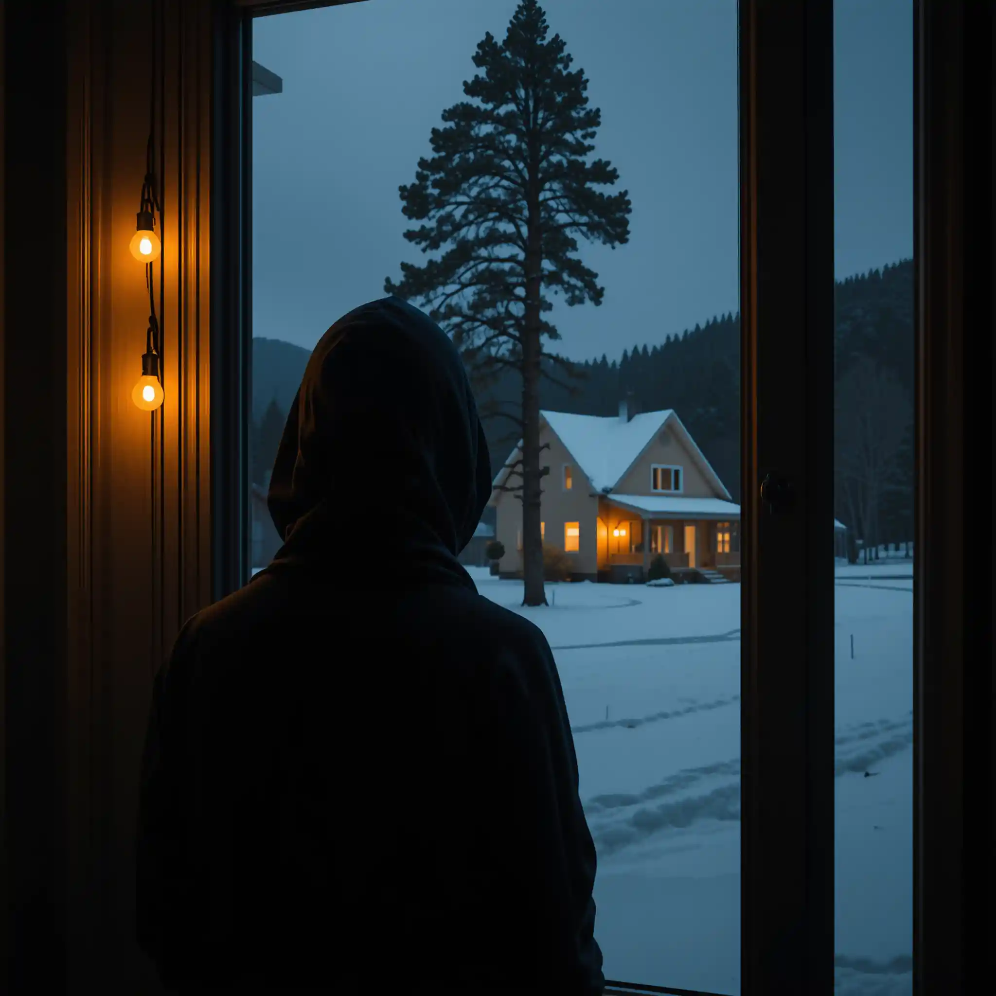 連帽剪影在夜晚透過窗戶凝視飄雪街景