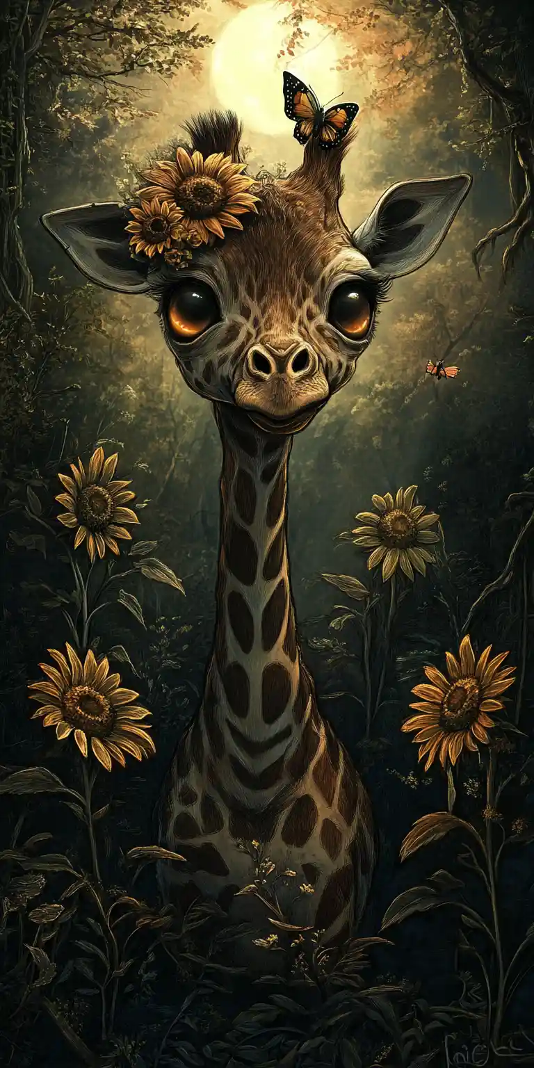 Baby giraffe in a shadowy enchanted forest meadow