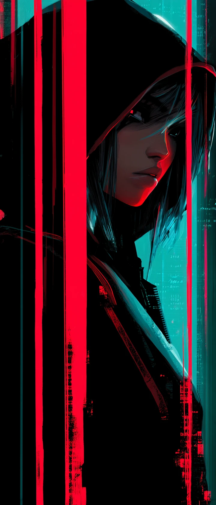 Hooded hacker girl in neon cyberpunk data rain