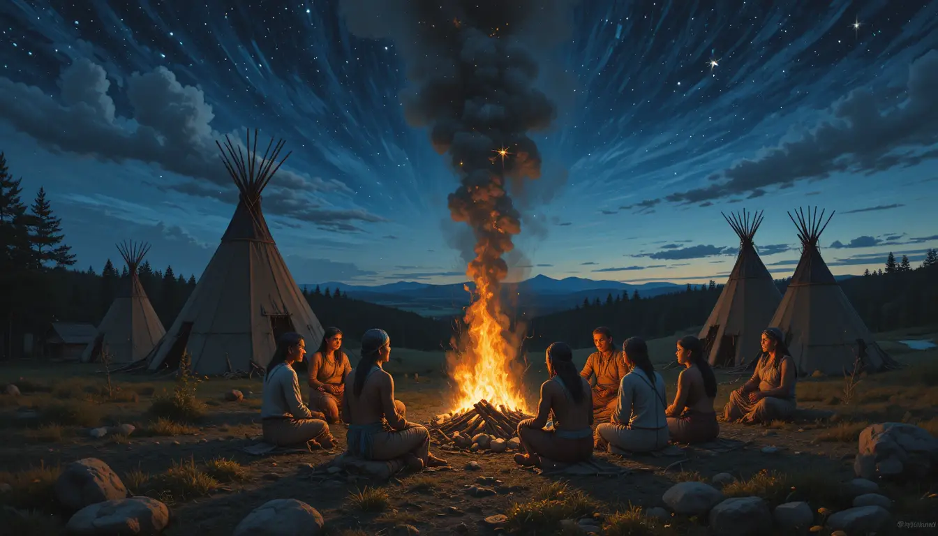 Native American chief and tribe gathered around campfire