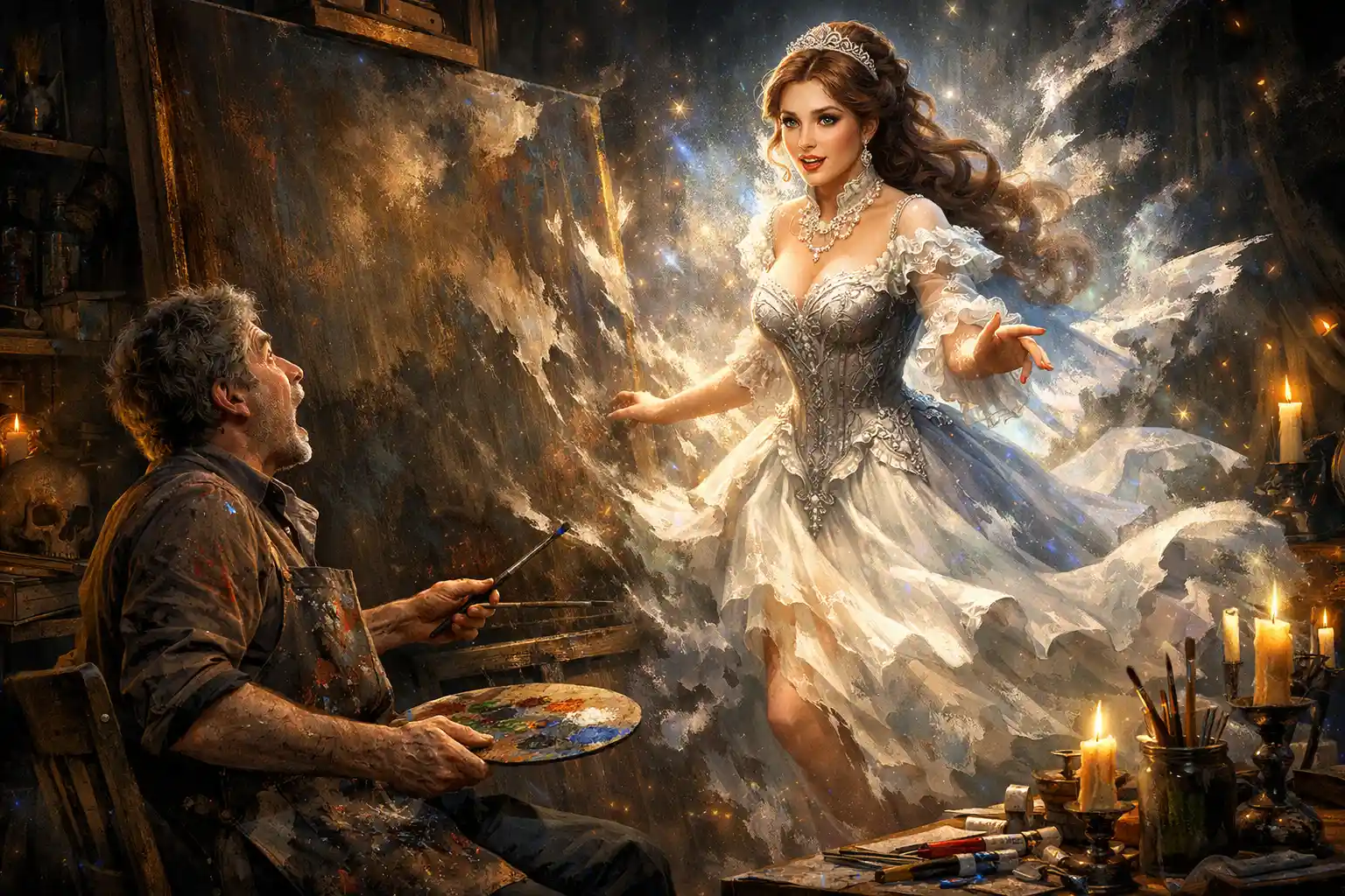 Artista sorpreso quando una dama vittoriana esce dal suo dipinto