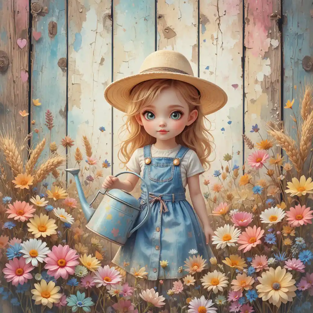 Farm girl watering flowers in a pastel watercolor scene