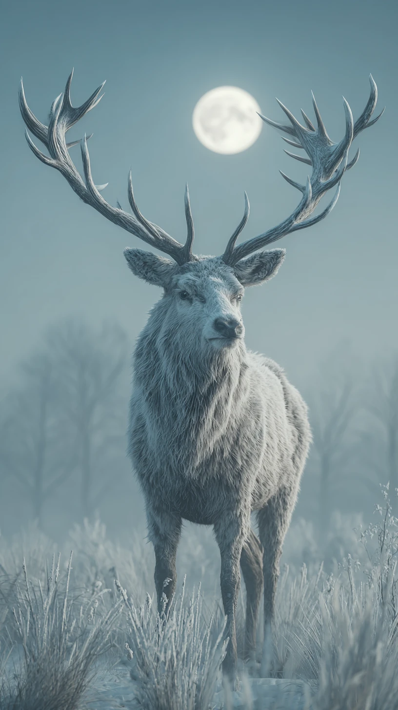 Majestic stag in frosted meadow under fading moon