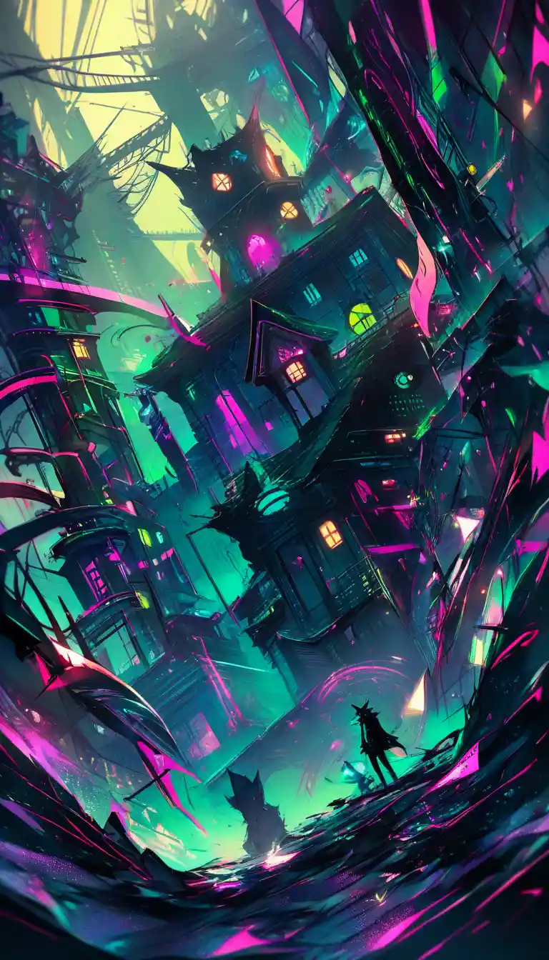 Neon Wolf Spirit Emerging From Dark Urban House Windows