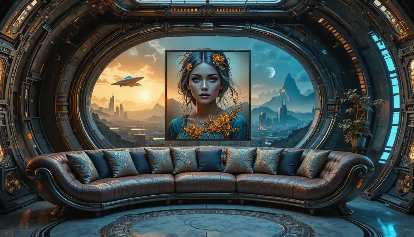 Sala de estar barroca futurista com sofá metálico e janela