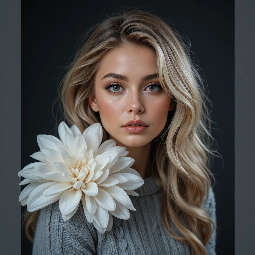 Moody portrait of a blonde woman in a chunky sweater