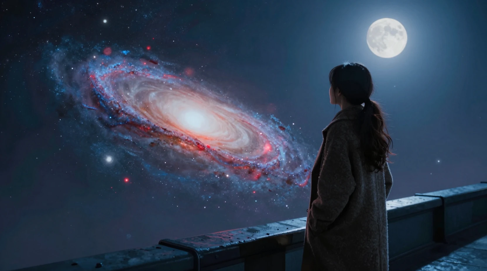 Woman on observation deck watching colliding distant galaxies