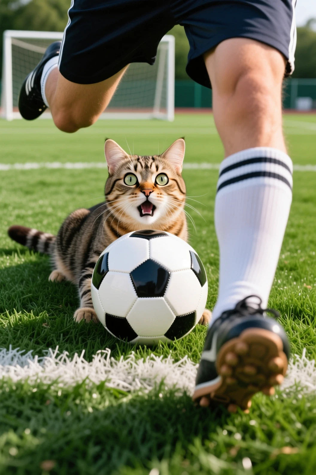 Verängstigte Katze versteckt sich hinter Fußball auf grünem Spielfeld