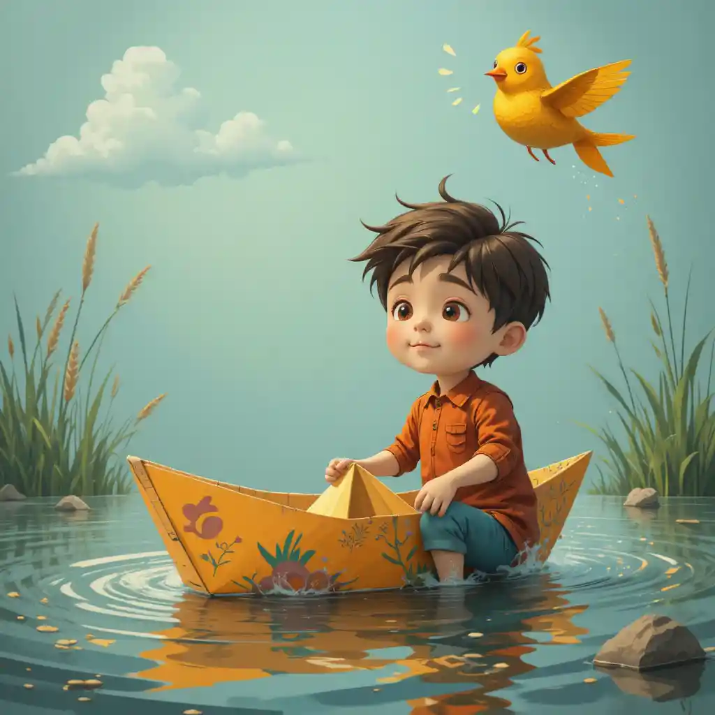 Niño sonríe al ver regresar su barco de papel