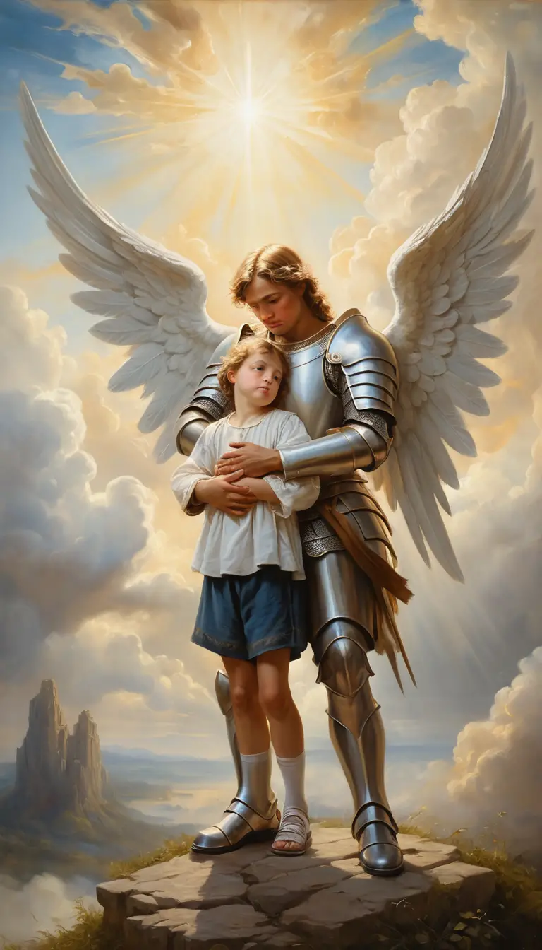 Angelo custode che conforta un bambino in lacrime nella luce celestiale