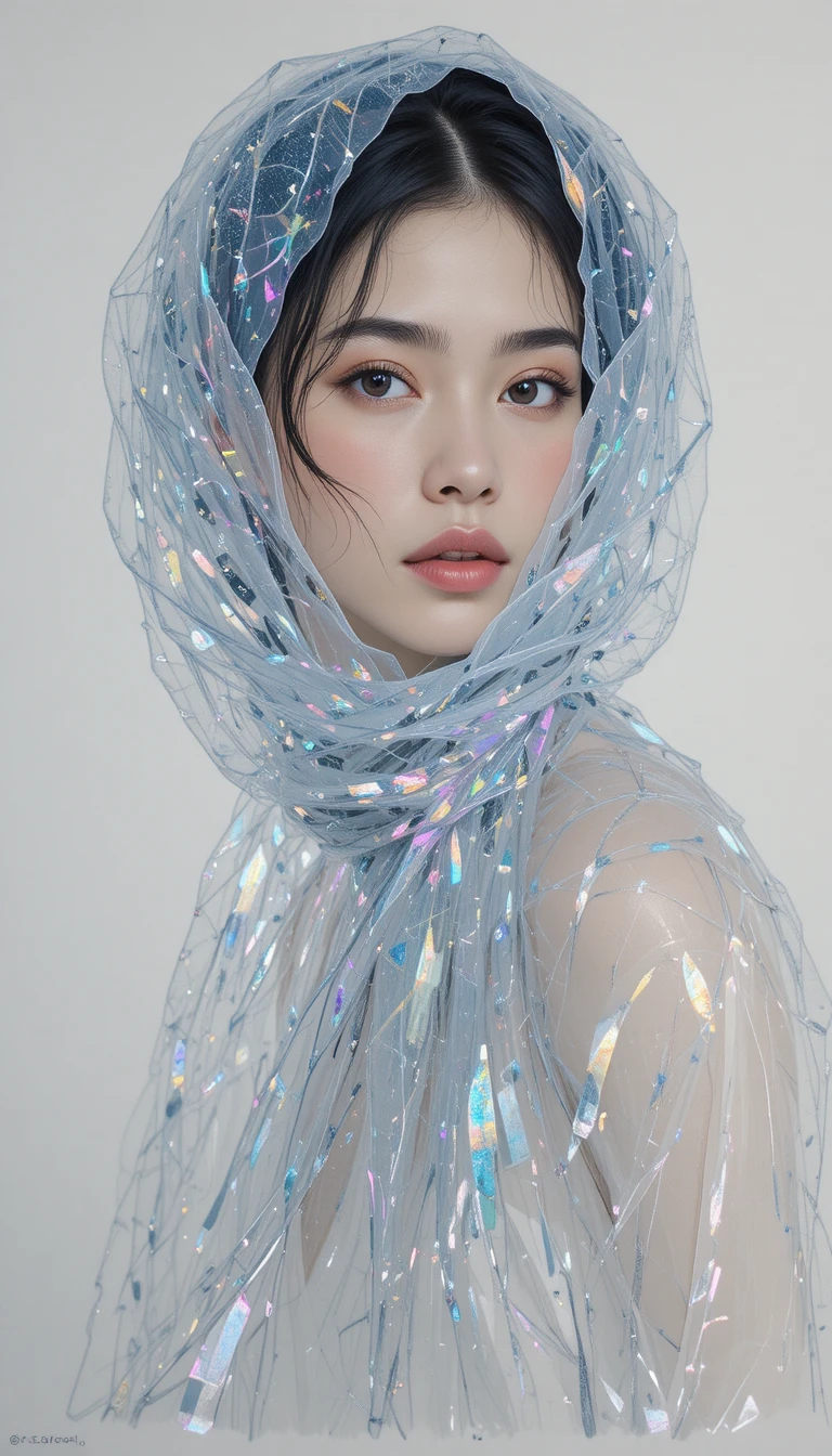 Elegant woman with shimmering organza scarf illustration