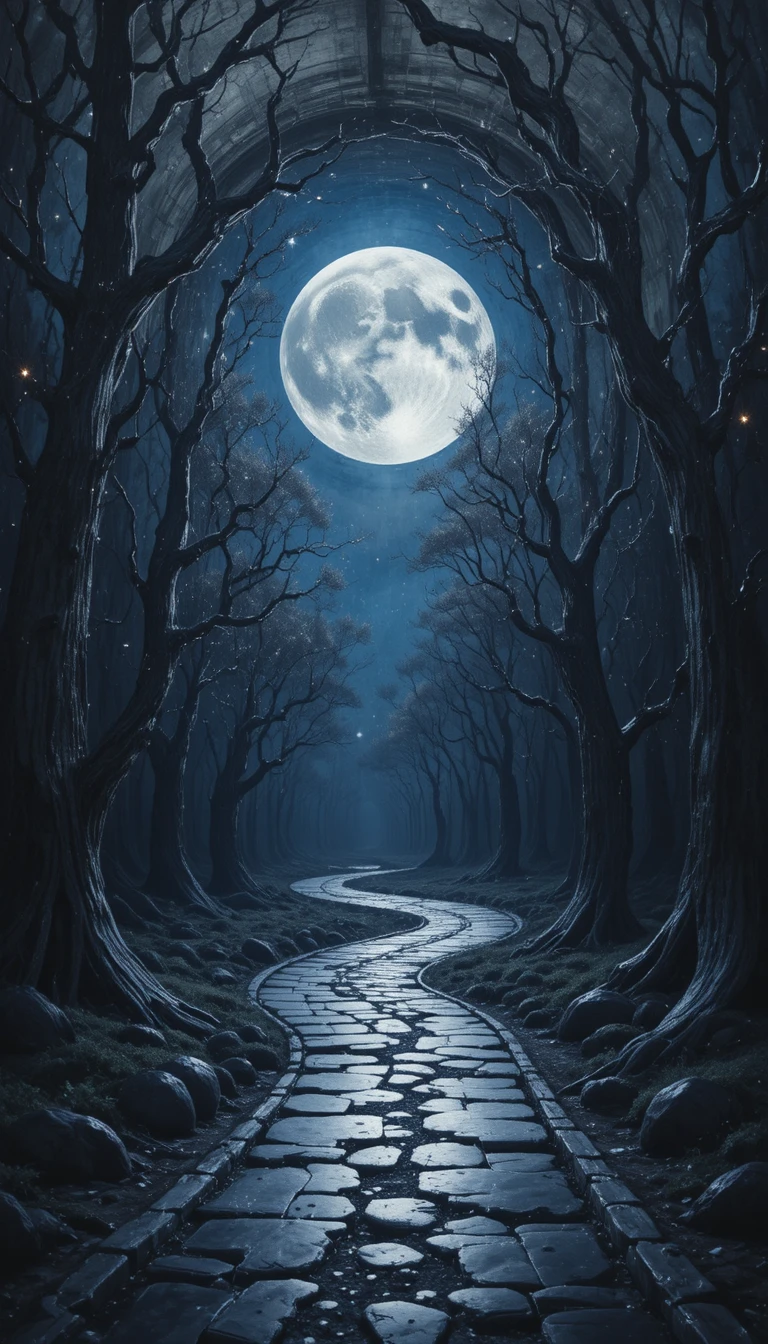 Mystical metallic labyrinth under moonlit night sky