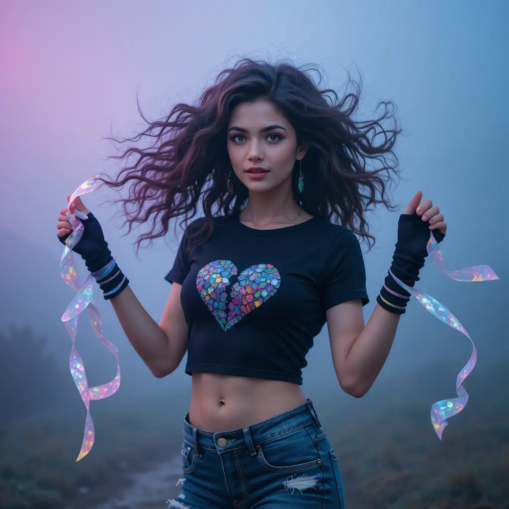 Emo girl dancing in fog with shimmering ribbon