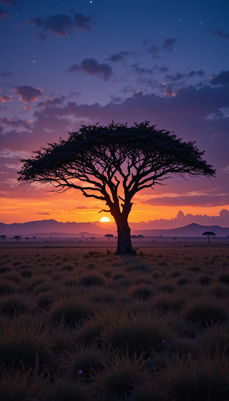 Silhouette d’un acacia sur le ciel crépusculaire de la savane africaine
