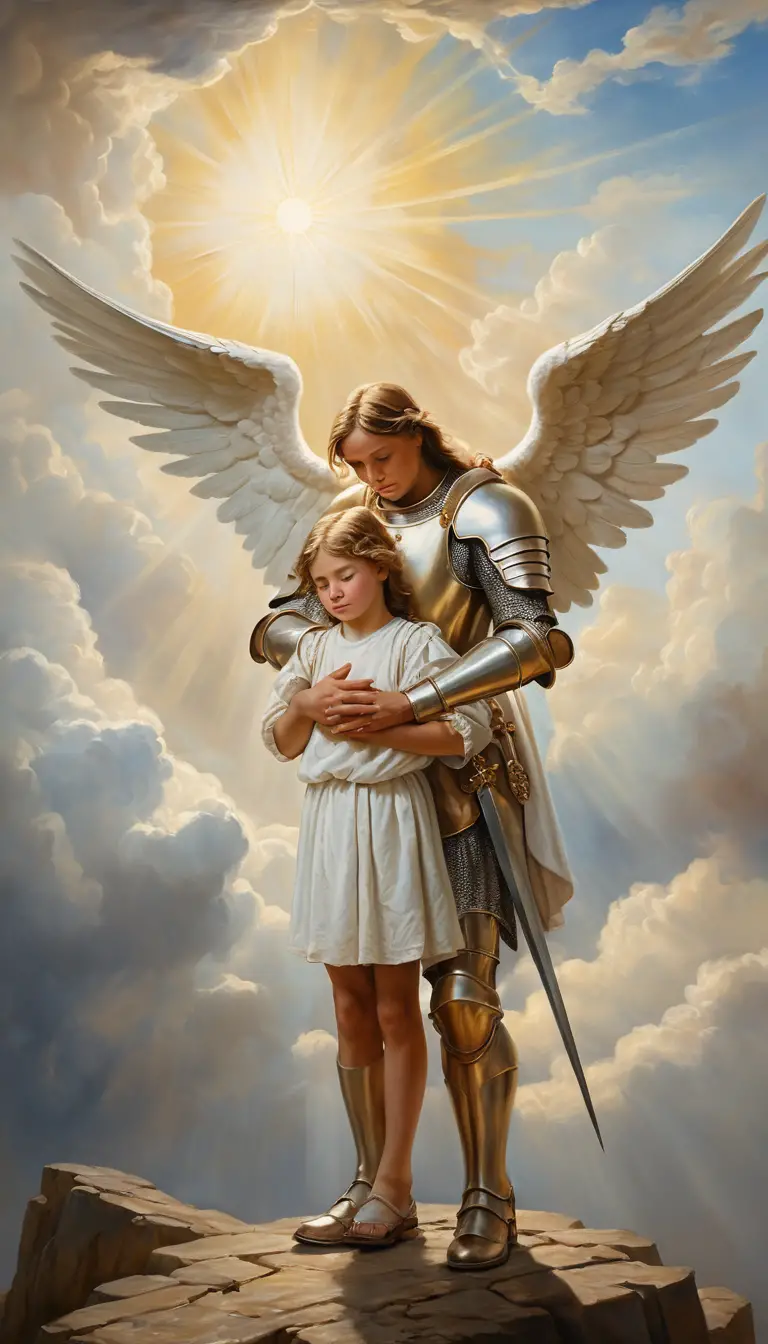 Guardian angel comforting a crying child in heavenly light