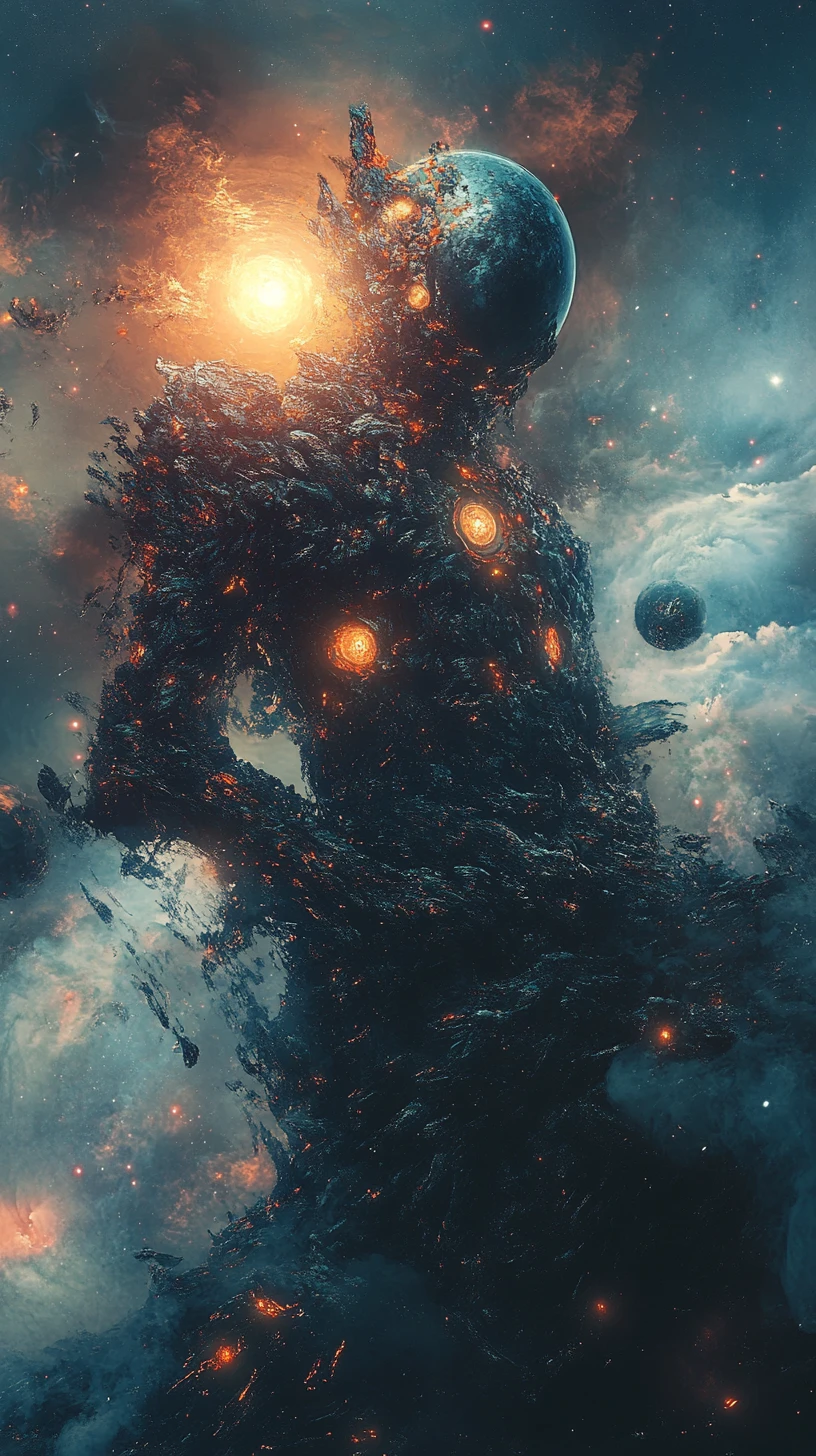 Surreal cyberpunk alien creature in a celestial illusion scene