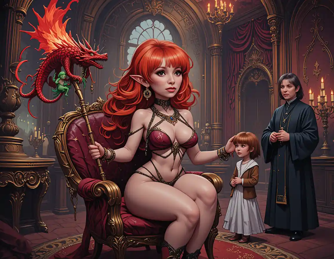 Elfa dai capelli rossi fiammeggianti con bastone a forma di drago in una stanza fantasy