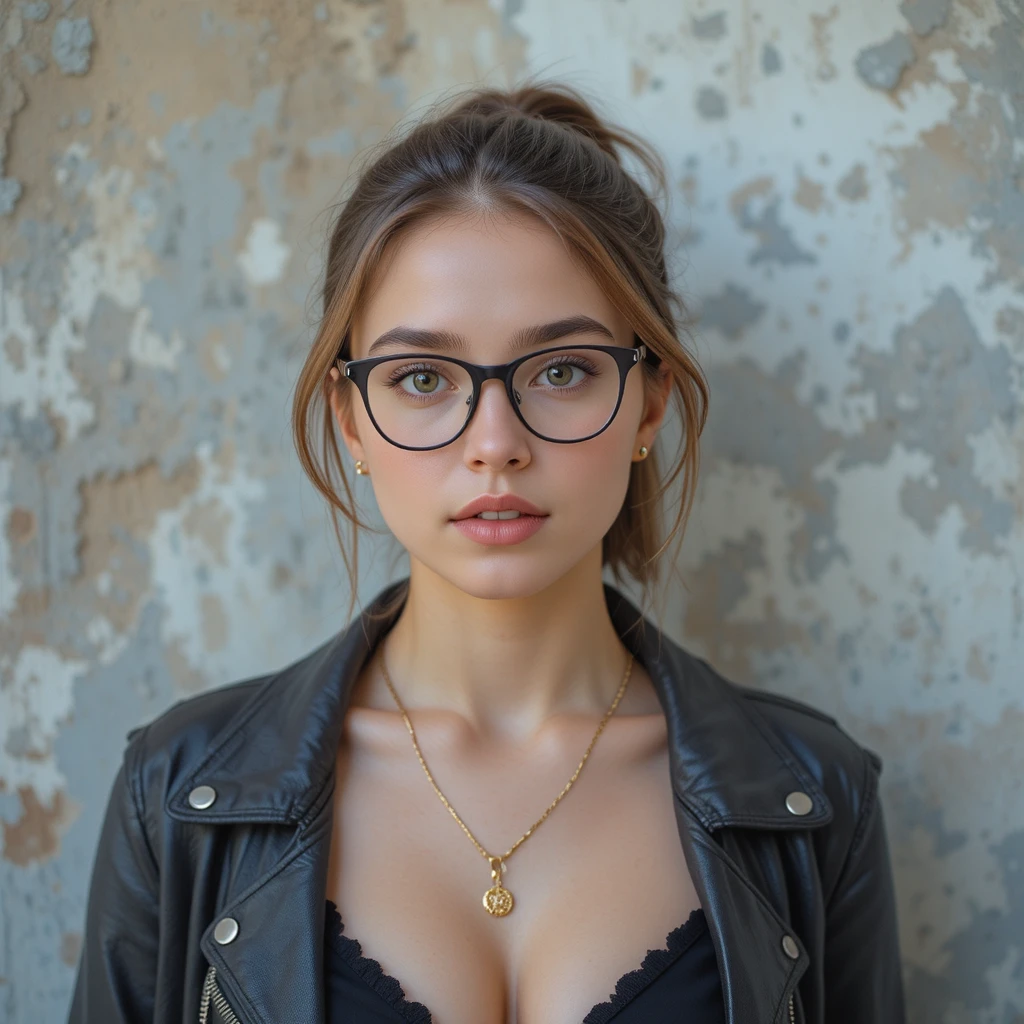 Young woman in glasses in a black leather jacket portrait