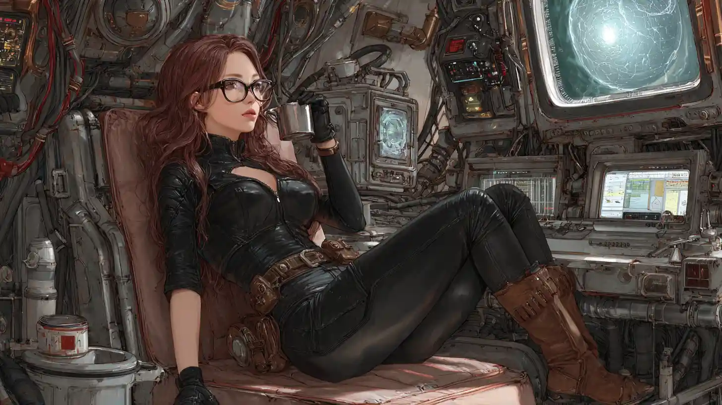 Athletic woman in leather suit aboard old rusty spaceship