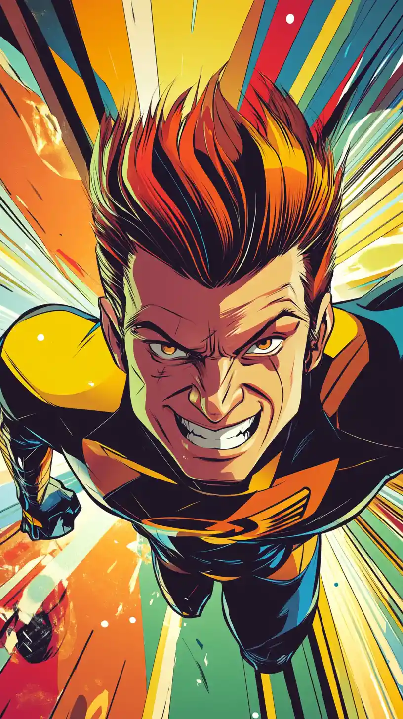 Bold angular superhero in a dynamic comic book pose