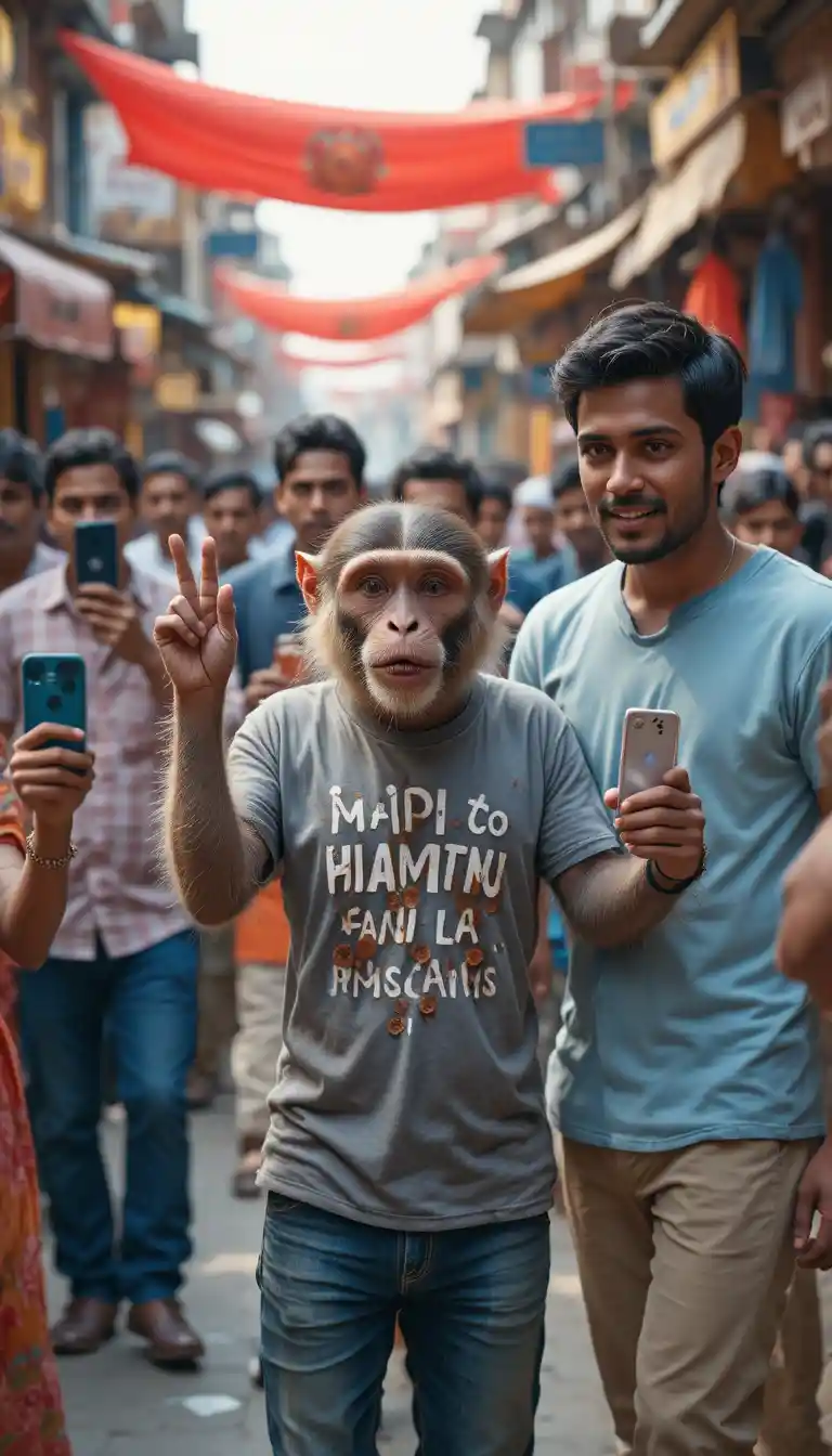 Mono cómico y hombre en una concurrida calle de la India