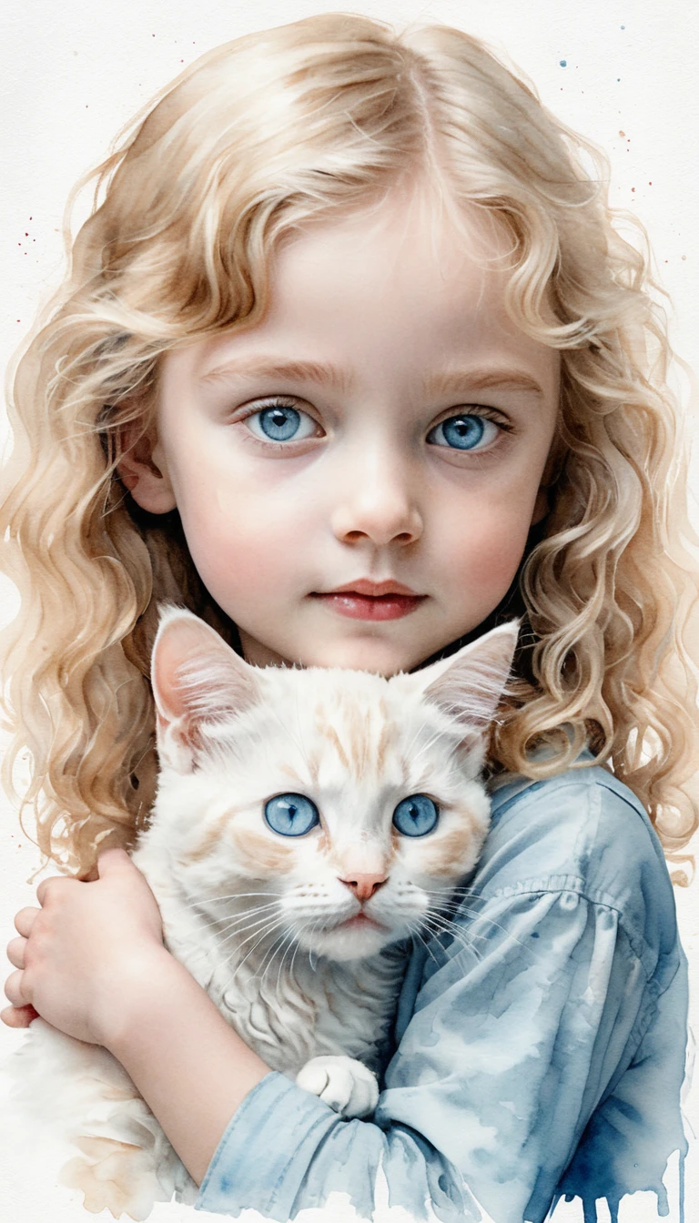 Child and cat close up in tender ink illustration