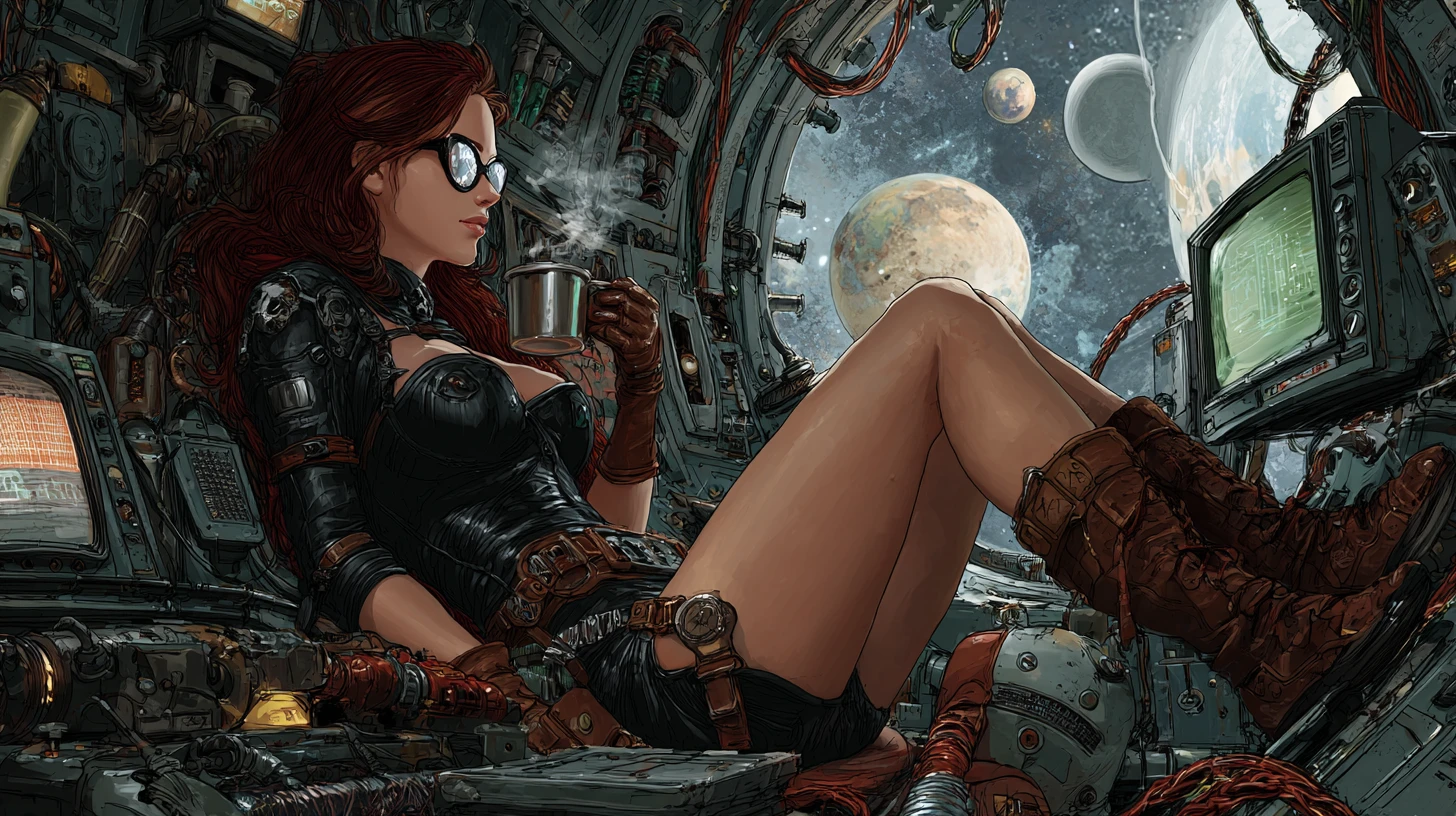 Athletic red haired woman in leather suit in old spaceship