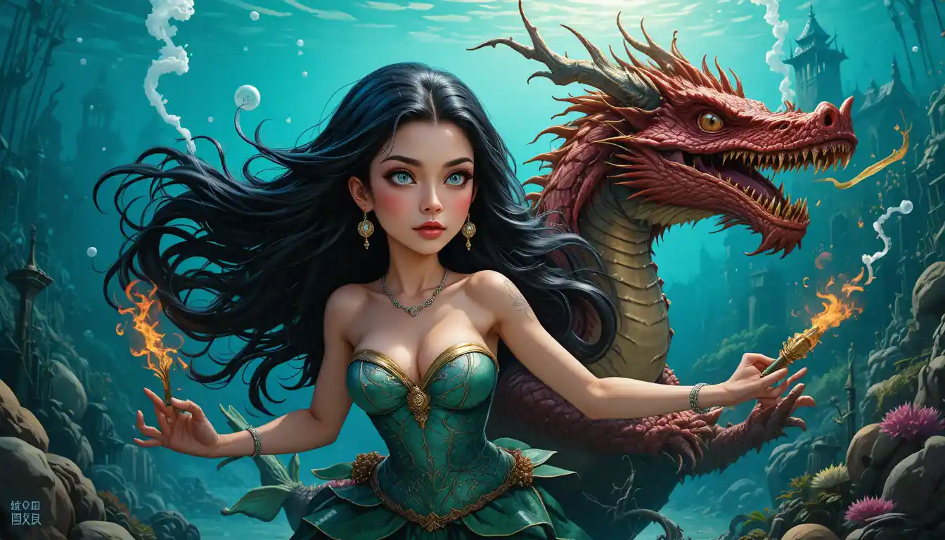 人魚とドラゴンがぶつかり合う鮮やかな水中ファンタジーシーン