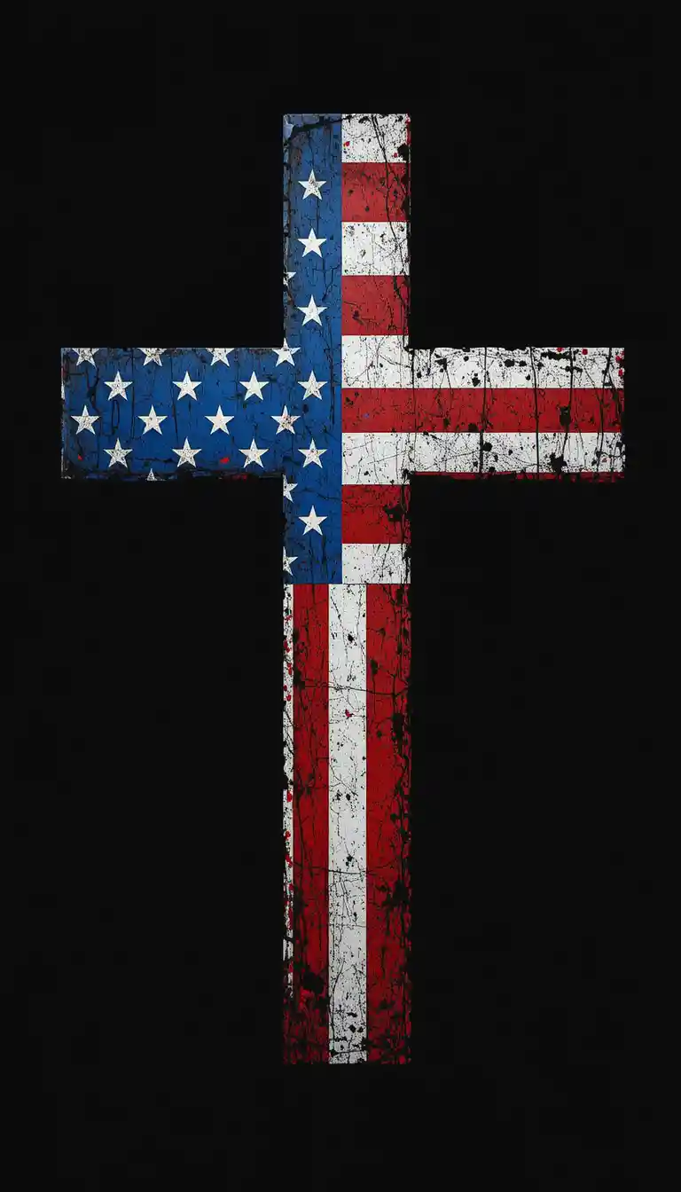Distressed American flag Christian cross on black background