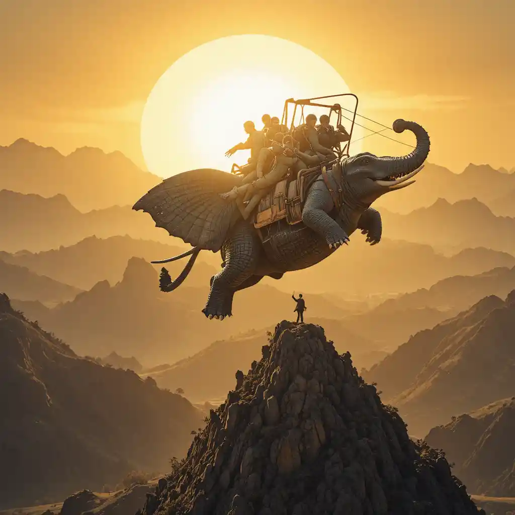 Elephant and crocodile in wingsuits flying toward the sun