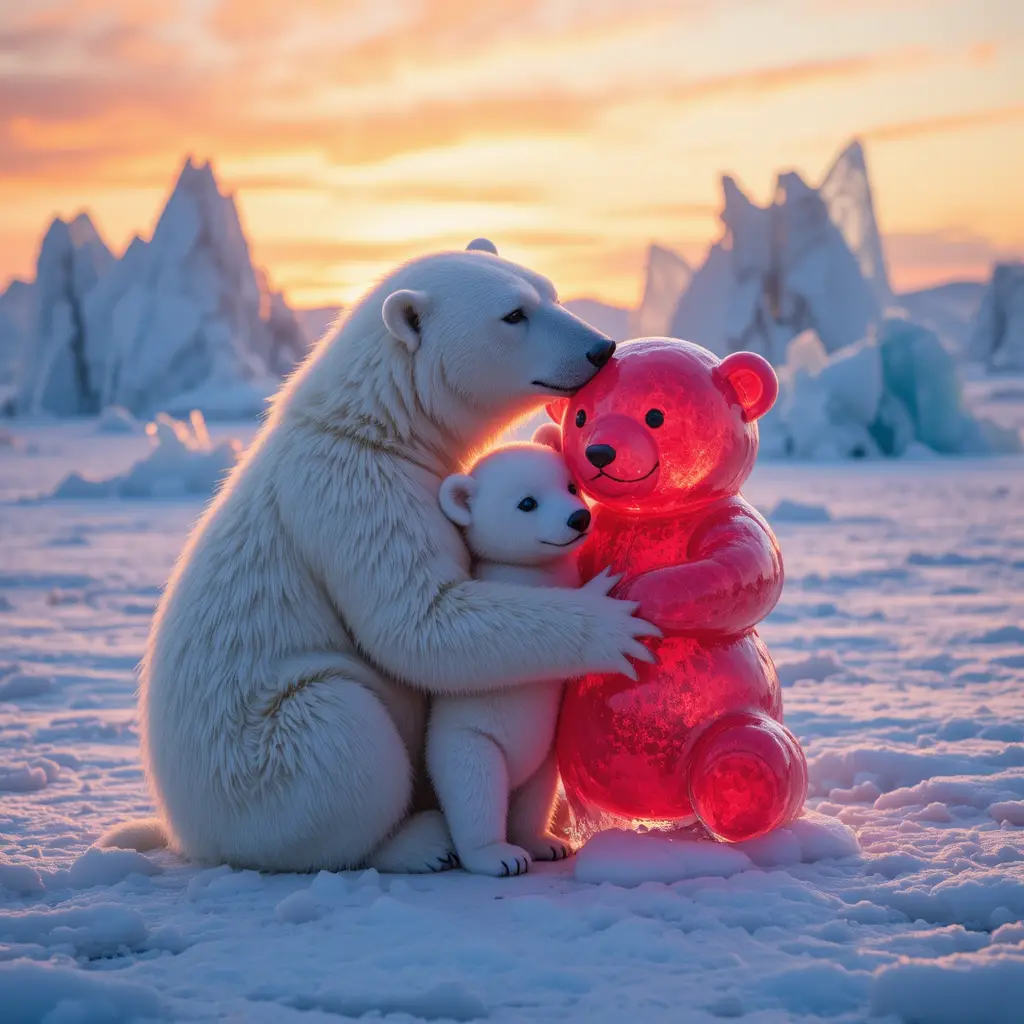 Polar bear mother and cub cuddling red ice teddy sculpture