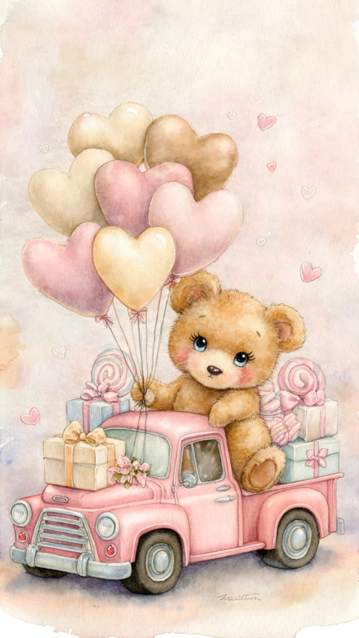 Süßer Teddybär im rosa Truck mit Herzballons