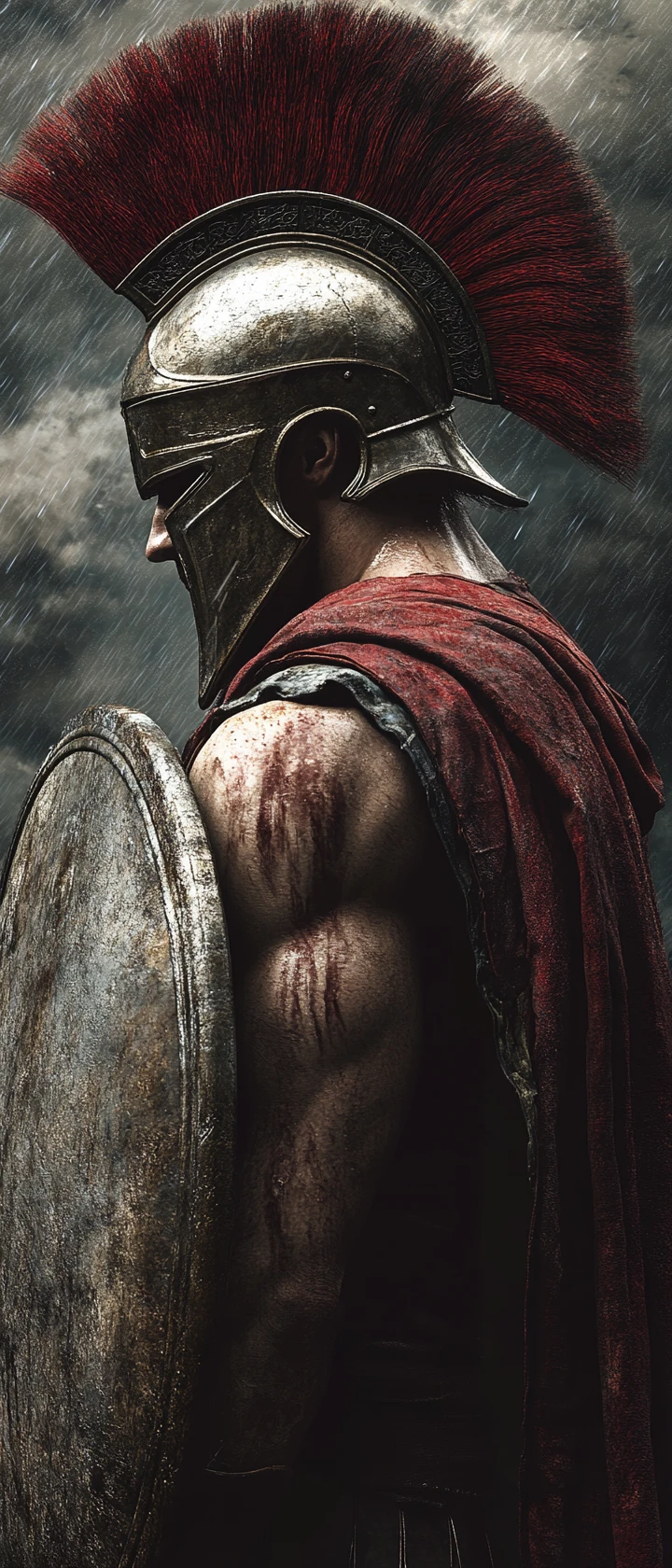 Cinematic portrait of a scarred spartan warrior in the rain