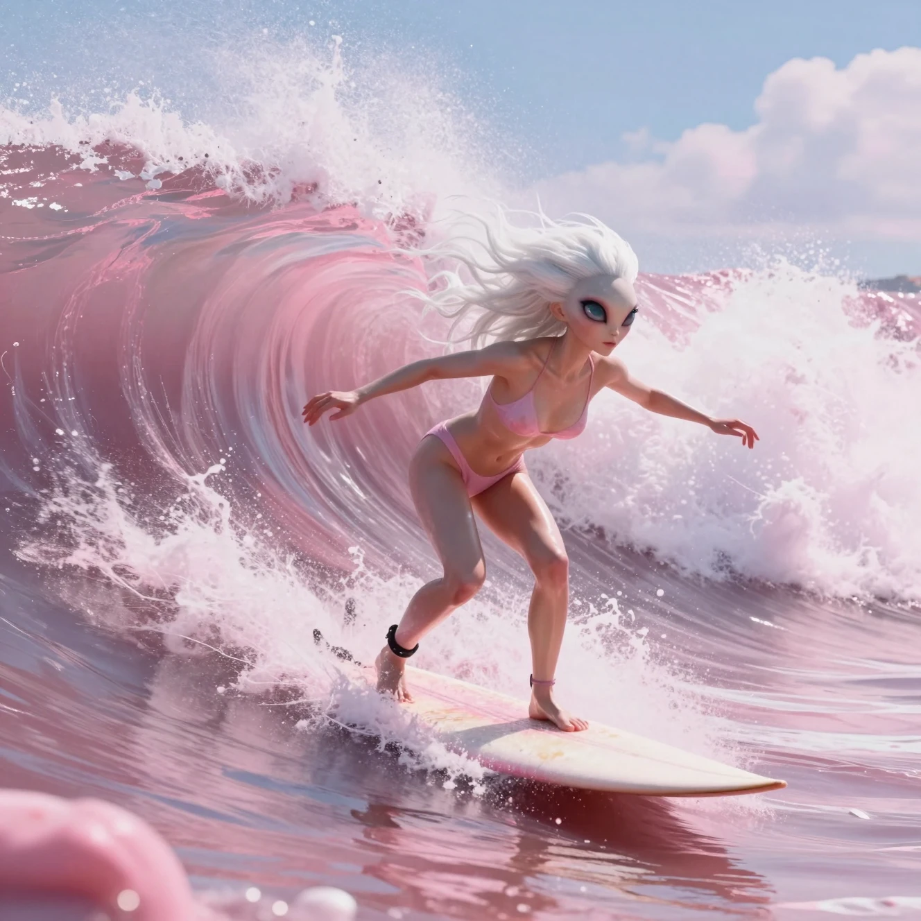 Alien woman surfing colossal pink waves on distant world