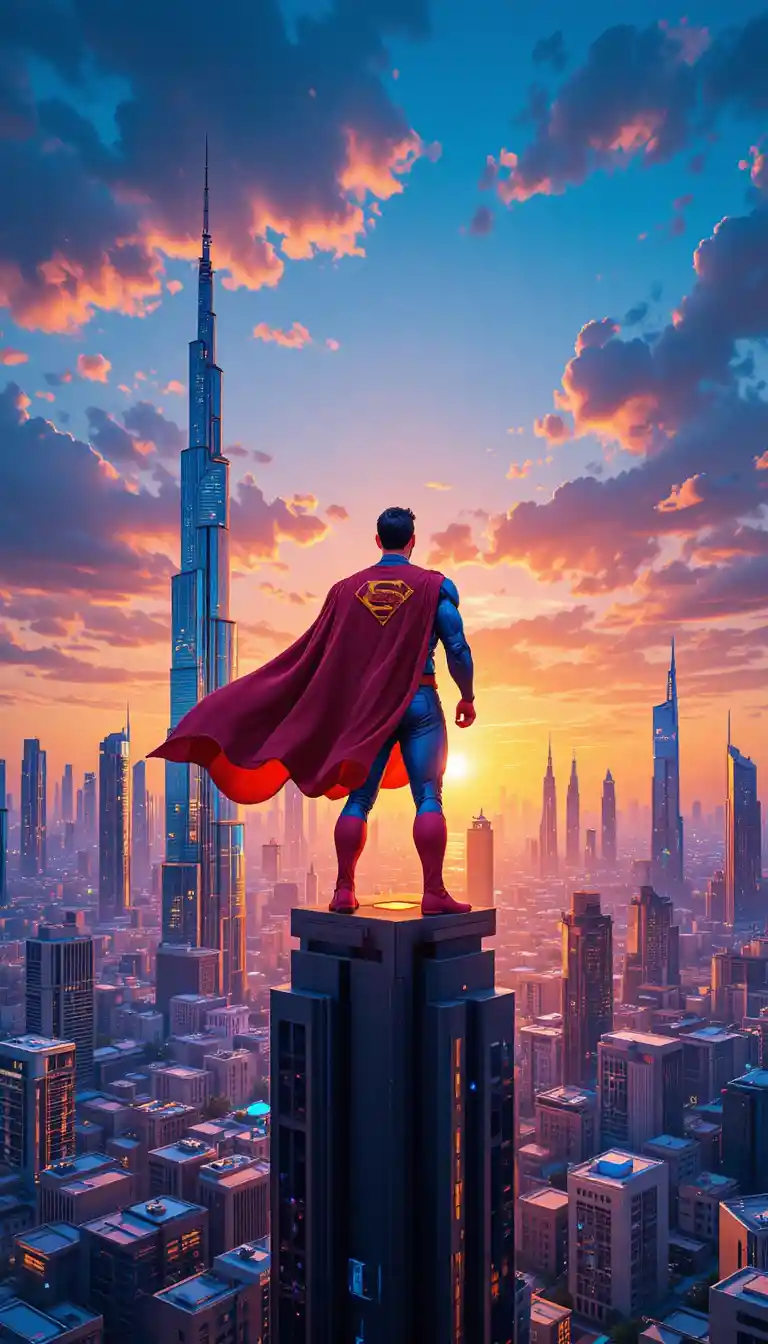 Superhero Overlooking Dubai Skyline At Glowing Sunset